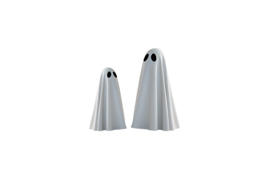 Two minimalist white sheet ghosts of different sizes with simple black oval eyes standing together, isolated on a transparent background