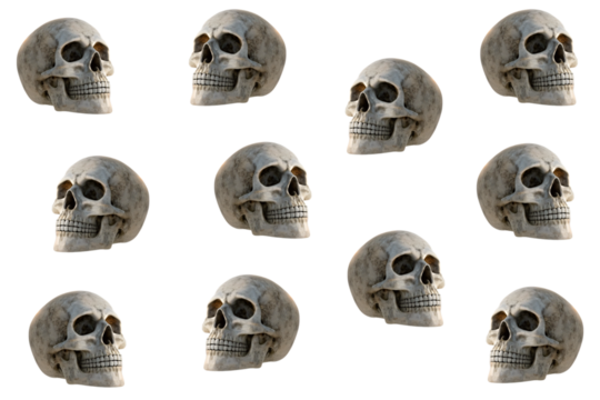 Multiple realistic weathered skulls arranged in rows, showing anatomical detail with grey-brown aged bone texture, isolated on a transparent background