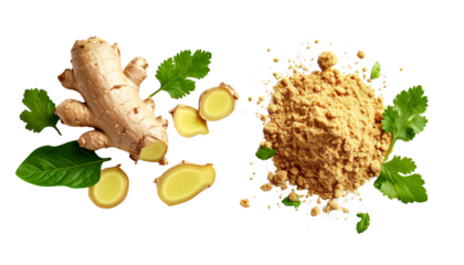 Fresh ginger root with leaves and ground ginger isolated on transparent background