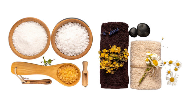 Exfoliating salts with wellness accessories isolated on transparent background
