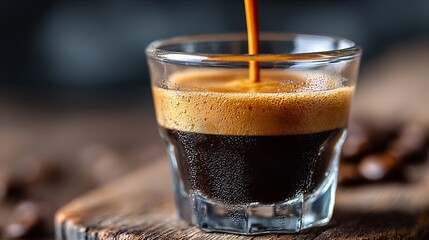 Rich, aromatic espresso shot with perfect crema pouring into a clear glass on a rustic wooden surface, capturing morning energy and coffee culture.