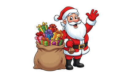 Cartoon Santa Claus waving with a bag full of colorful gifts for Christmas, white background