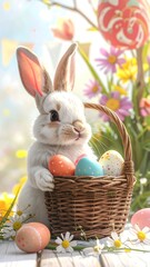 Cute bunny holding a basket of colorful eggs, flowers in background