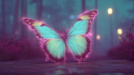 Blue And Pink Butterfly With Glowing Wings Sitting On Wet Ground In Misty Forest With Soft Light And Colorful Night Atmosphere
