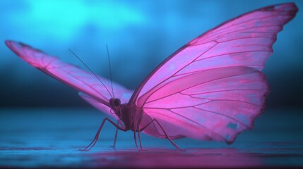 Close Up Of Pink Butterfly With Transparent Wings Resting On Wet Surface Under Blue Light In Calm Night Nature Scene
