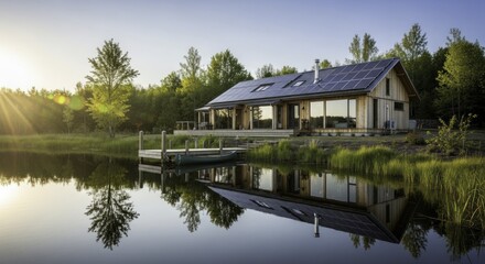 Fototapeta premium Tranquil Lakeside House with Solar Panels, Wooden Dock, and Canoe Reflected in Calm Water during Golden Hour Sunrise, Surrounded by Green Forest