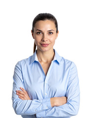 Portrait of only one Woman. White Background.