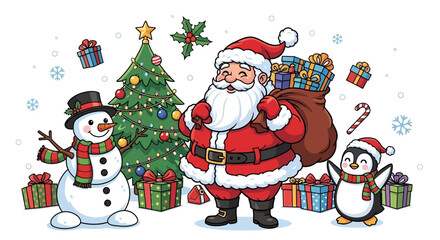 Festive Christmas illustration with Santa, snowman, penguin, tree and other holiday elements, white background
