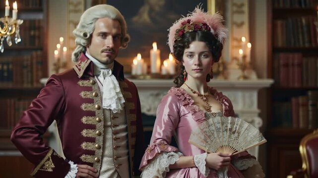A man and woman in elaborate 18th-century attire stand poised in a candlelit room with bookshelves and a grand fireplace
