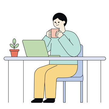 Minimalist flat vector of a young man sitting at desk, drinking coffee, and working on laptop. Perfect for remote work, freelancer, or home office concept.