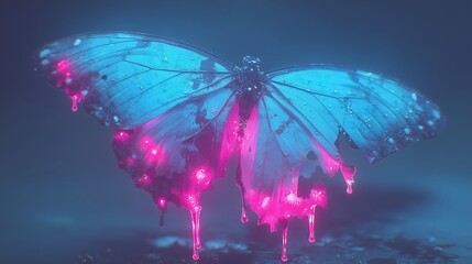 Blue Butterfly With Glowing Pink Drops On Wings Resting On Misty Surface Under Soft Blue Light In Mysterious Night Scene
