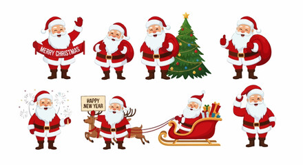 Vector illustration set of Santa Claus in different poses wishing Merry Christmas and Happy New Year, white background