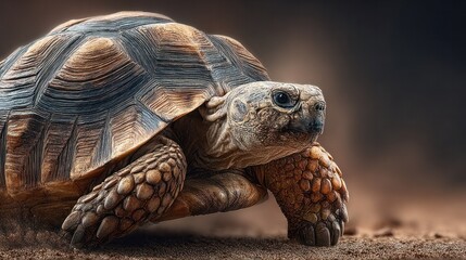 Obraz premium Detailed close-up of a mature tortoise walking on soil in a natural environment with a blurred background, showcasing textured and sturdy limbs in soft lighting