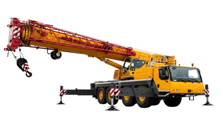 Obraz premium Yellow construction crane isolated on white background with machinery and industrial equipment tags