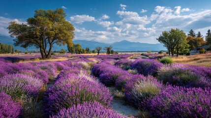 Fototapeta premium Vibrant blooming lavender fields with lush green trees clear blue sky distant mountains scenic landscape in a rural countryside setting du daytime