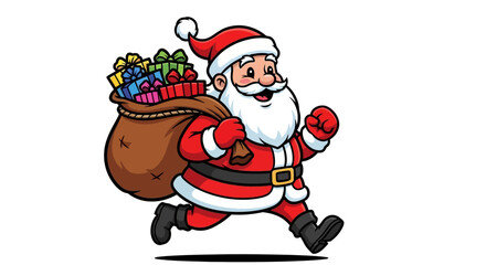 Cheerful cartoon Santa Claus running with a sack full of presents, white background