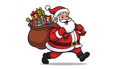 Cheerful cartoon Santa Claus running with a sack full of presents, white background