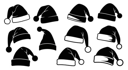 Vector illustration of nine different Santa hats in black silhouette on a white background, white background