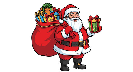 Happy Santa Claus with gift and sack vector illustration, ready for Christmas, white background