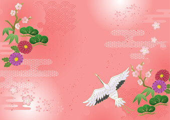 お正月 和風 和柄背景 松竹梅 鶴 牡丹 菊 年賀状 ピンク New Year Japanese pattern background Pine, bamboo, plum, crane, peony, chrysanthemum, New Year's card, Pink