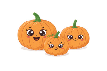 Obraz premium Three adorable cartoon pumpkins with cute faces, big eyes, and green stems in family grouping, isolated on a transparent background