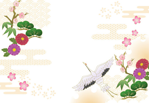 お正月 和風 和柄背景 松竹梅 鶴 牡丹 菊 年賀状 透過背景 New Year Japanese pattern background Pine, bamboo, plum, crane, peony, chrysanthemum, New Year's card,white