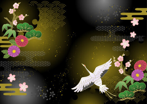 お正月 和風 和柄背景 松竹梅 鶴 牡丹 菊 年賀状 黒 New Year Japanese pattern background Pine, bamboo, plum, crane, peony, chrysanthemum, New Year's card, black