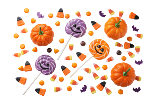 Halloween candy explosion with decorative pumpkins, swirl lollipops, candy corn, chocolate balls, and bat decorations, isolated on a transparent background