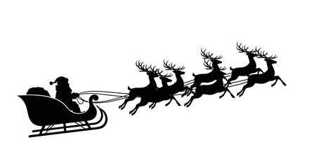 Vector silhouette of Santa Claus riding in his sleigh being pulled by reindeer, white background