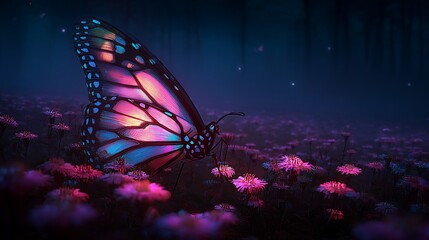 Colorful Butterfly With Glowing Wings Resting On Pink Flowers In Dark Forest Under Blue Night Light In Dreamy Nature Scene
