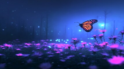 Orange Butterfly Flying Above Purple Flowers In Dark Misty Forest With Blue Glow And Soft Light In Peaceful Night Landscape
