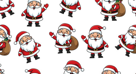 Seamless pattern with cute cartoon Santa Claus characters for Christmas design, white background