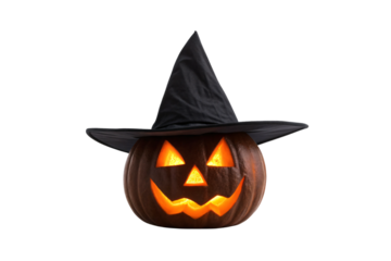 Traditional carved pumpkin wearing black witch hat, glowing orange triangular face, friendly jack-o-lantern smile expression design, isolated on a transparent background
