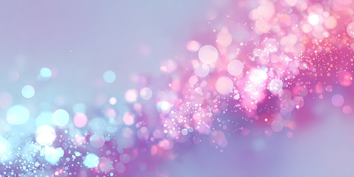 Pastel bokeh in pink, lilac and aqua drifts diagonally across soft gradient background with empty copy space at left, bright circles sparkle in foreground, festive dreamy atmosphere