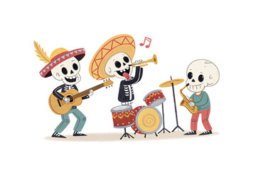 Three festive skeleton musicians in sombreros playing guitar, trumpet, and saxophone with musical notes celebrating Dia de los Muertos, isolated on a transparent background