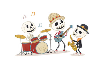 Cheerful skeleton band with drums, guitar, and saxophone wearing colorful hats performing music together happily, isolated on a transparent background