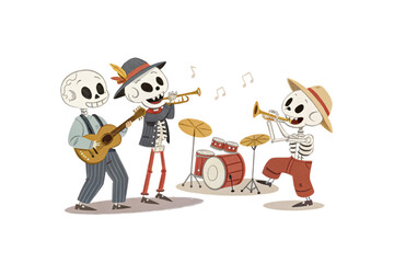 Vintage style skeleton trio in formal attire playing acoustic guitar, trumpet, and drums with musical notes, isolated on a transparent background