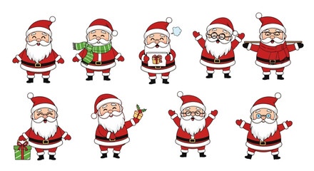 Collection of cute Santa Claus character vector illustrations in various poses, white background