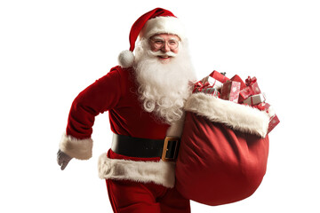 Jolly Santa Claus joyfully carrying a sack filled with gifts while preparing for the festive holiday season