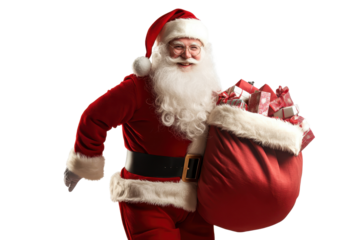 Jolly Santa Claus joyfully carrying a sack filled with gifts while preparing for the festive holiday season