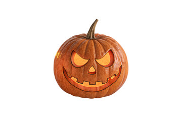 Carved orange pumpkin with menacing glowing face featuring evil eyes, triangular nose, and jagged toothy grin, isolated on a transparent background