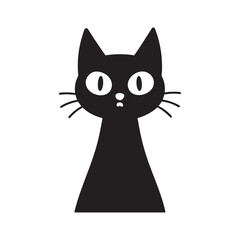 Black silhouette of a cartoon cat with wide eyes and whiskers on a white background black cat animal