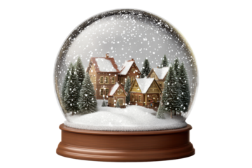 Snowglobe showcasing a charming Christmas village scene with snow-covered rooftops and evergreen trees in a cozy winter setting