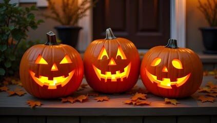 Obraz premium Friendly Jack-o'-Lanterns on Wooden Steps