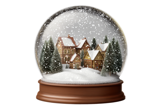 Snowglobe showcasing a charming Christmas village scene with snow-covered rooftops and evergreen trees in a cozy winter setting