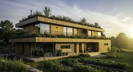 Modern Eco-Friendly House with Green Roofs, Terraced Gardens, and Organic Vegetable Patch at Sunset