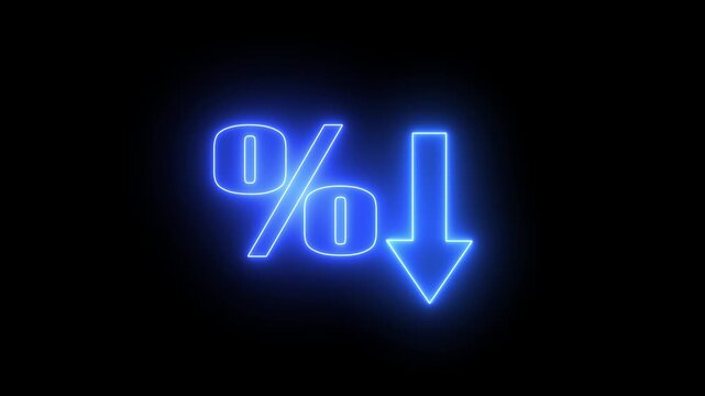Percentage decrease neon blue sign, glowing downtrend animation, digital financial fall indicator