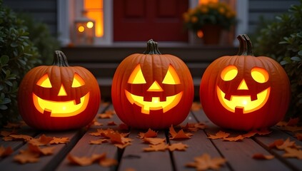Obraz premium Friendly Jack-o'-Lanterns on Wooden Steps