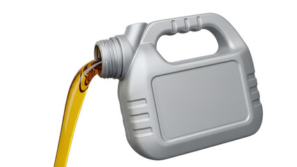 Pouring motor oil from a gray plastic container for car maintenance and vehicle engine lubrication needs on transparent background