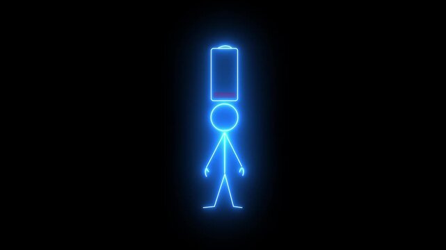 Neon blue alert character animation, warning exclamation person icon, glowing attention signal with low battery symble